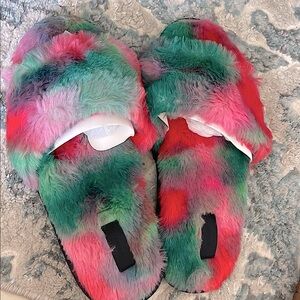 Colorful PINK Furry Women's Slippers. Size L